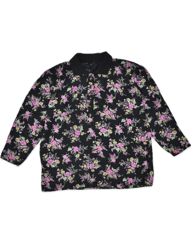 VINTAGE Womens Pullover Shirt UK 16 Large Black Floral Jewel Neck Pullover