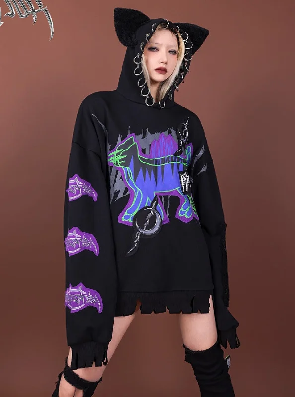 PINKSPINK Cat-Eared Neon Skeleton Hoodie - Black Hoodie with Hem Lace Feminine Delicate PINKSPINK Cat-Eared Neon Skeleton Hoodie - Black Hoodie with Hem Lace Feminine Delicate