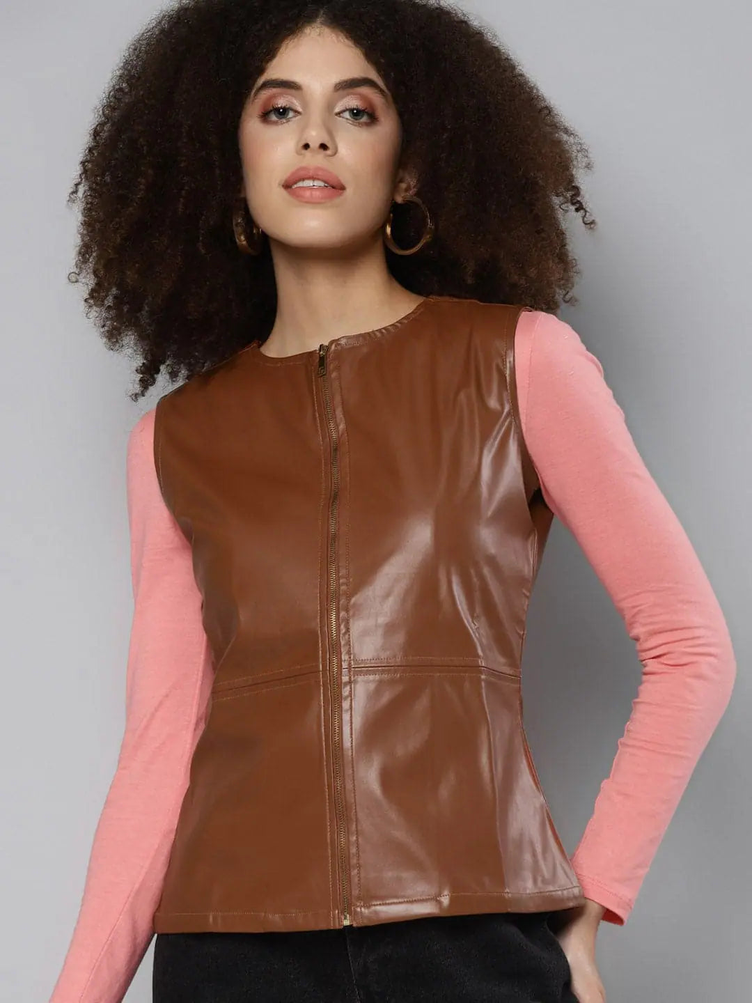 Women Solid Brown Round Neck Sleeveless Jacket Collared Jacket Crew Neck Jacket Turtle Neck Jacket Women Solid Brown Round Neck Sleeveless Jacket Collared Jacket Crew Neck Jacket Turtle Neck Jacket