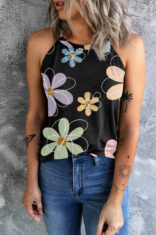 Printed Floral Ladies Black Tank Top breathable tank top