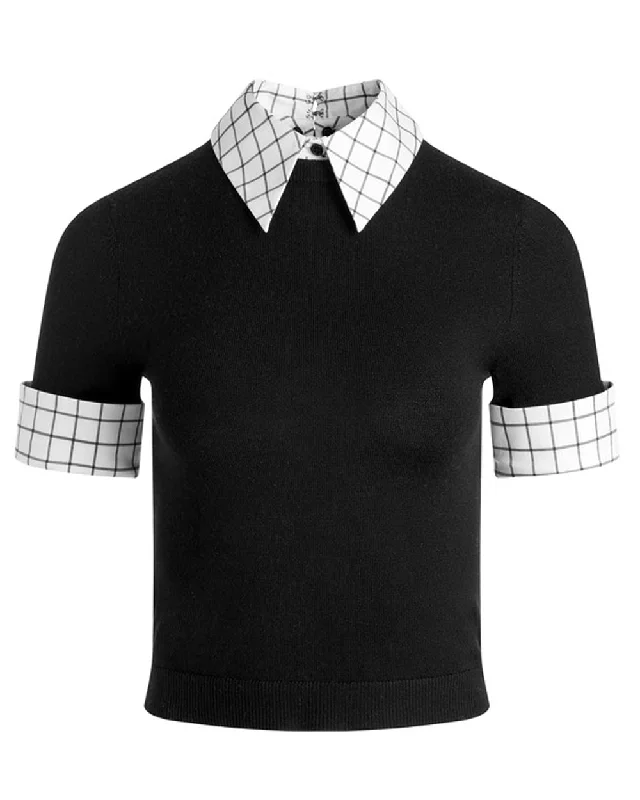 Black and Soft White Aster Collared Pullover Peter Pan Collar