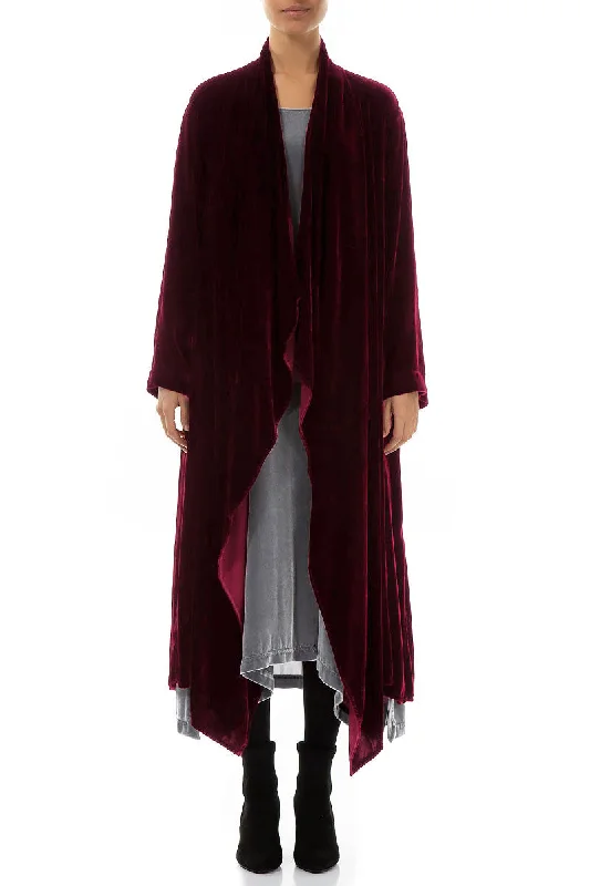 Maxi Open Claret Silk Velvet Jacket Cardigan Sweater Pullover