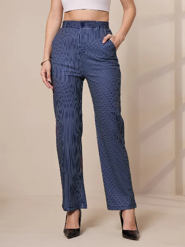 Women Navy Striped Straight Fit Trousers Trousers Travel Practical