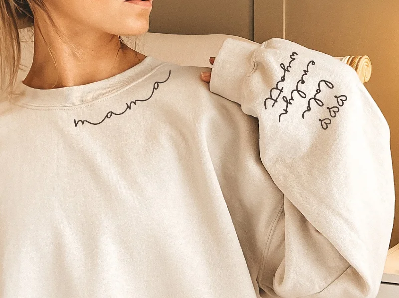 Mama Sweatshirt with Names on Sleeve Hoodie with Hem Embroidery Detailed Premium