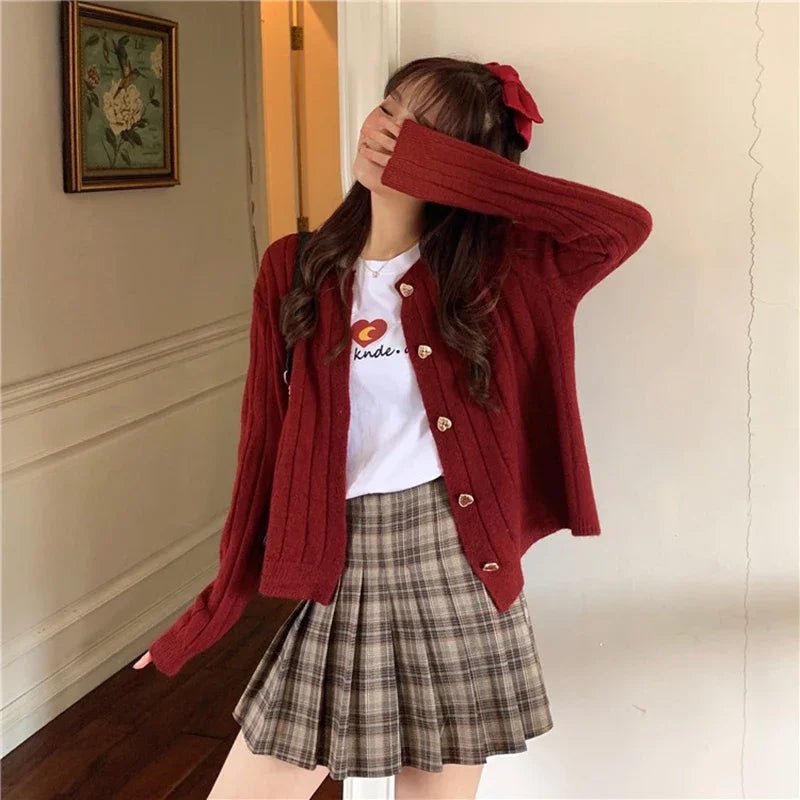 Korean Style Cute Heart Button Knitted Cardigan Satin Blend Silk Blend Wool Blend