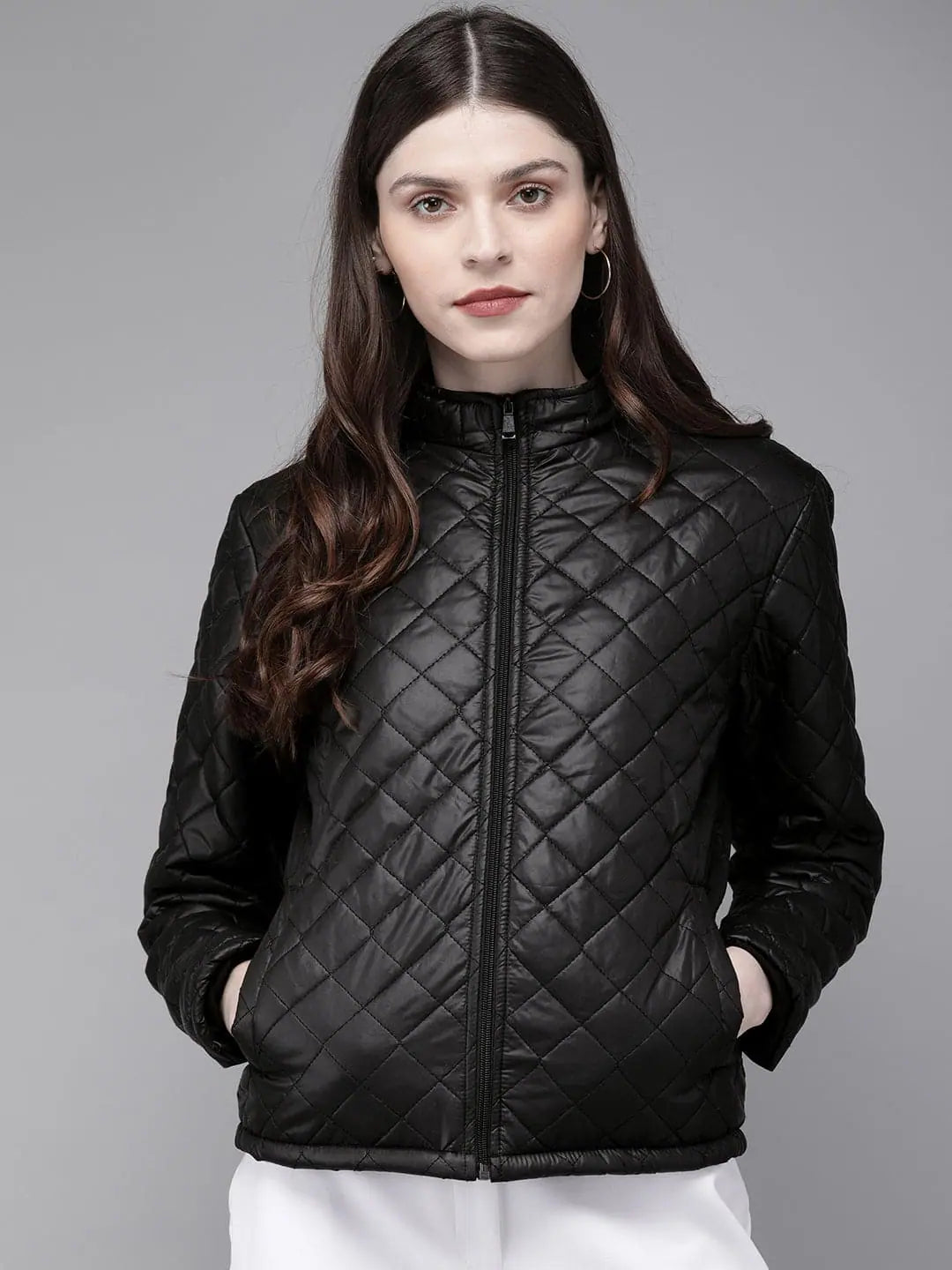 Women Solid Black Full Sleeve Jacket Nylon Fabric Polyester Fabric Spandex Fabric