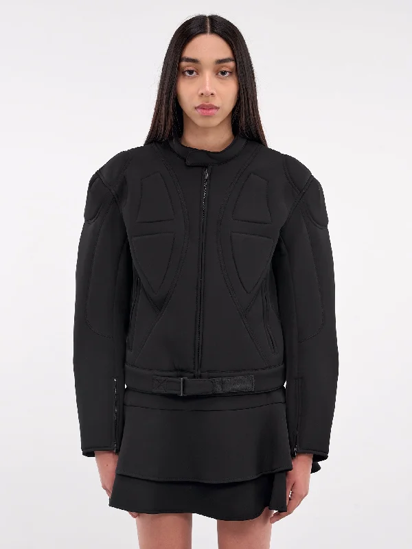 Neoprene Biker Jacket (DK69J-BLACK) Notch Collar Peter Pan Collar Cowl Neck