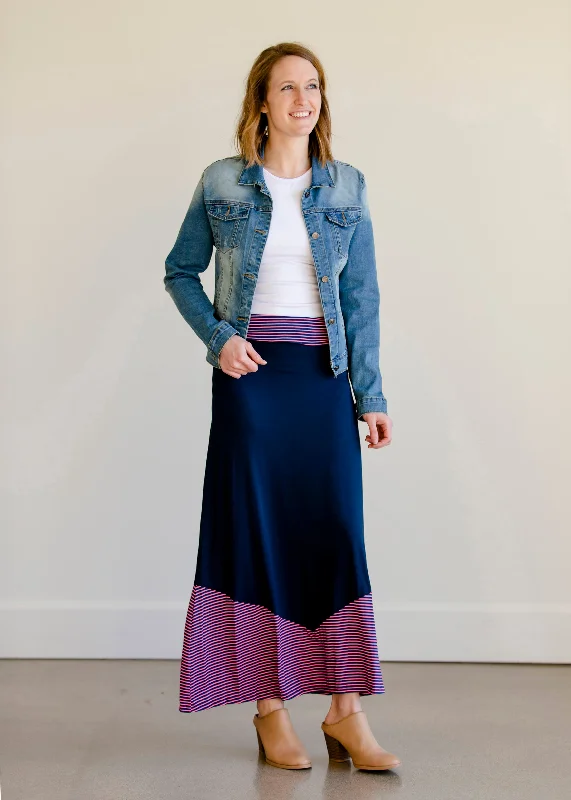 Pink and Navy Colorblock Maxi Skirt - FINAL SALE chiffon skirt airy