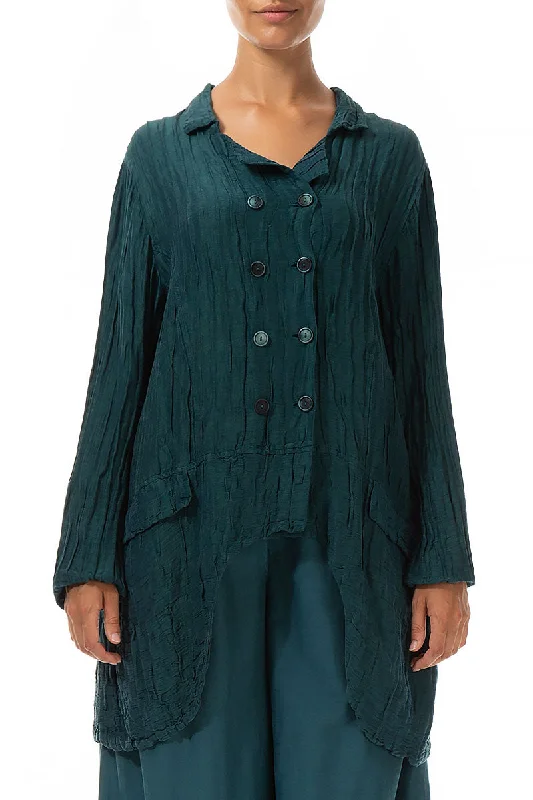 Longer Back Crinkled Teal Silk Jacket Tailored Jacket Straight Jacket A-Line Jacket