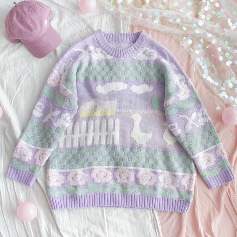 Lavender Farm Pullover Notched Neck Pullover
