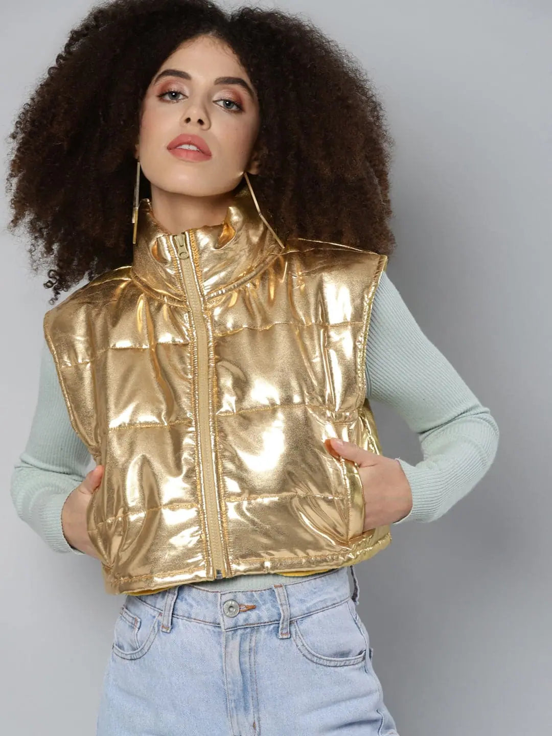 Women Solid Gold Sleeveless Jacket Hooded Jacket Caped Jacket Shawl Collar Jacket