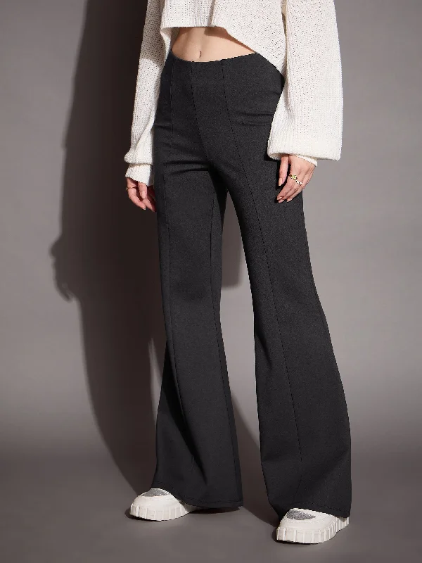 Women Grey Bootcut Flared High-Rise Trousers Trousers chic elegant