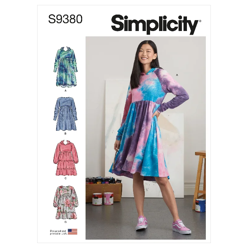 Simplicity Pattern 9380 Miss Sweatshirt Dress Hoodie with Patch Decorative Personalized Simplicity Pattern 9380 Miss Sweatshirt Dress Hoodie with Patch Decorative Personalized