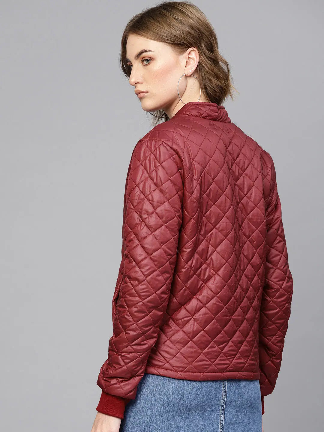 Women Solid Burgundy Full Sleeve Jacket Satin Fabric Silk Fabric Chiffon Fabric