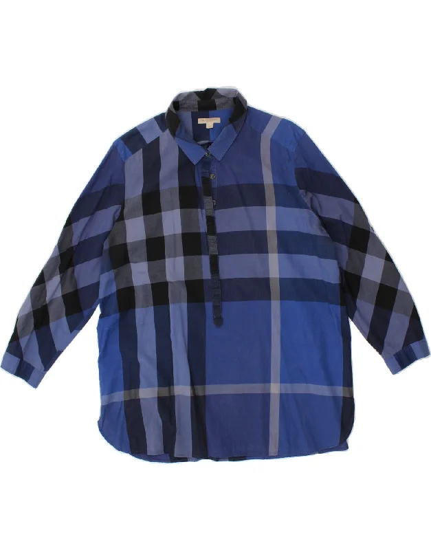 BURBERRY Womens 3/4 Sleeve Pullover Shirt UK 18 XL Blue Check Cotton Fine Merino Wool BURBERRY Womens 3/4 Sleeve Pullover Shirt UK 18 XL Blue Check Cotton Fine Merino Wool