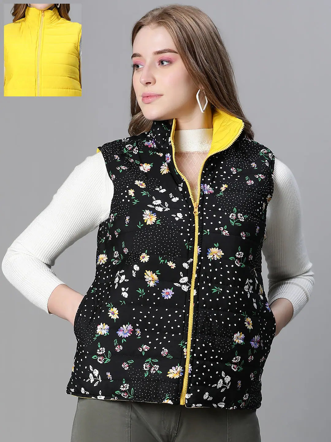 Women Printed Standard Black Sleeveless Jacket V-Neck Jacket Boat Neck Jacket Square Neck Jacket