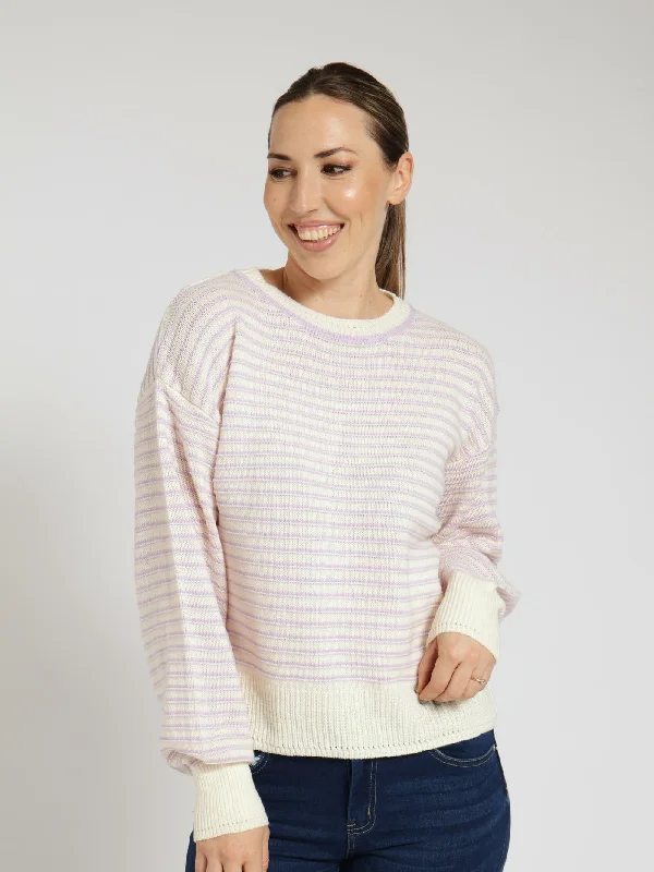 Textured Stripe Pullover With Neck Detail - Lilac Crew Neck Wool