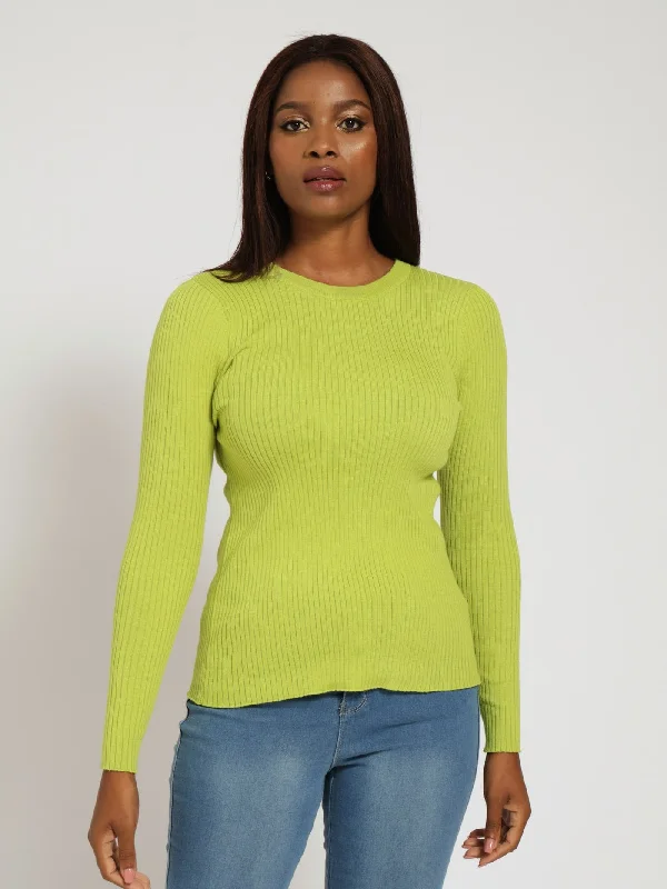 Ribbed Plain Pullover - Lime Turtleneck Warm Pullover
