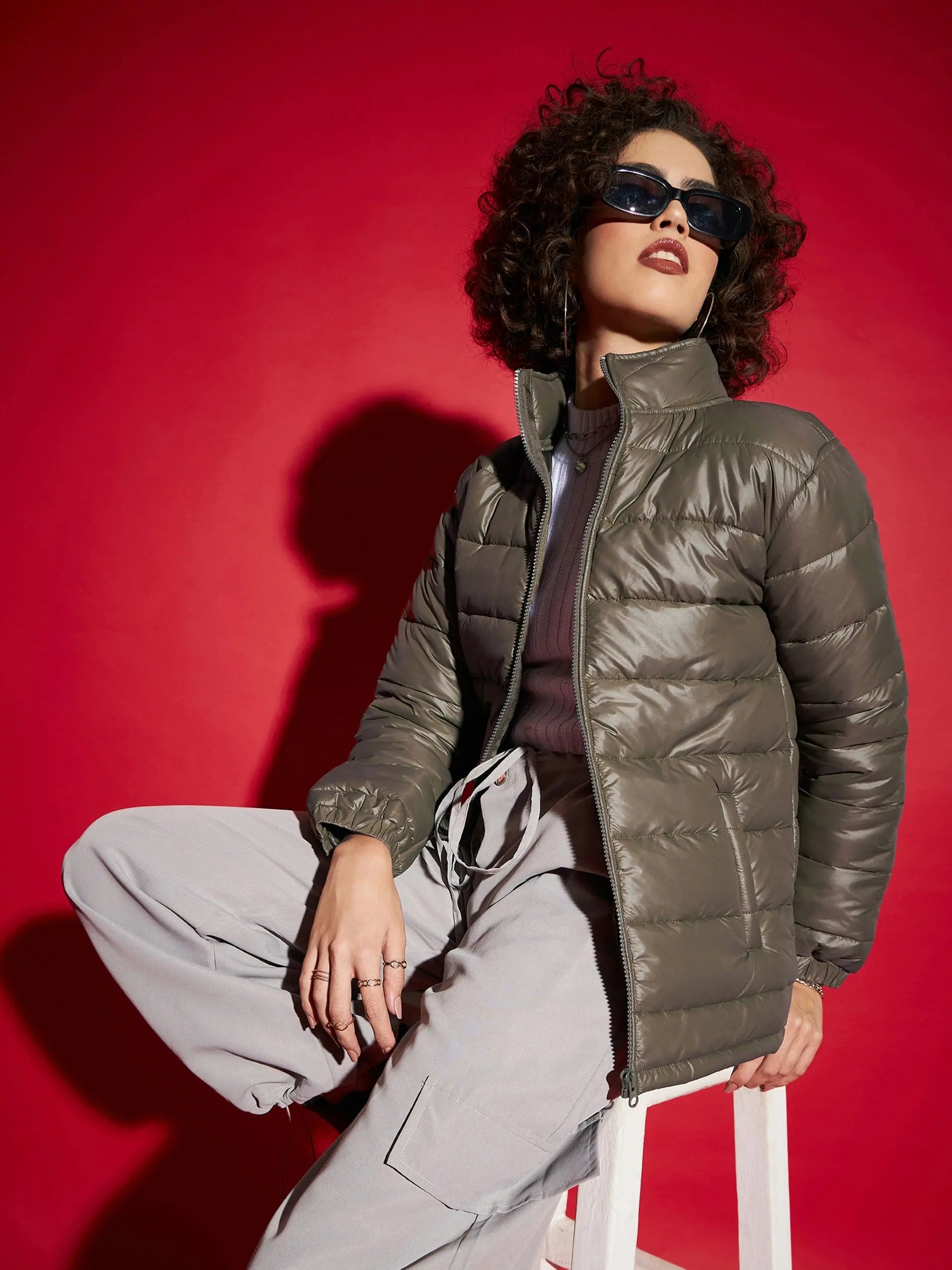 Women Solid Standard Olive High Neck Full Sleeve Jacket Denim Fabric Leather Fabric Suede Fabric