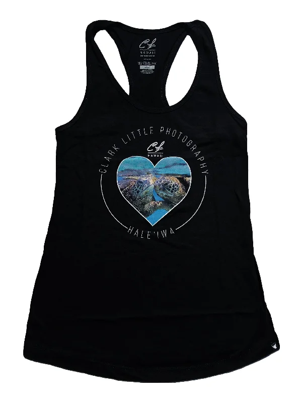 Womens Racerback Tank:  Honu Kiss (Black) sheer tank top