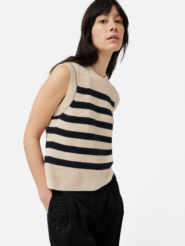 Cotton Blend Stripe Crew Tank | Navy flexible tank top