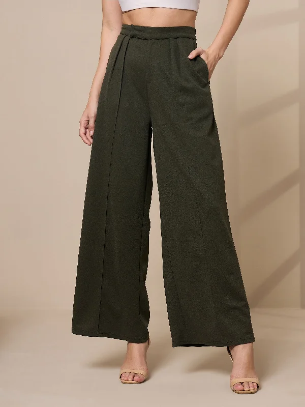 Women Olive Pleated Wide Leg Trousers Trousers Office Stylish