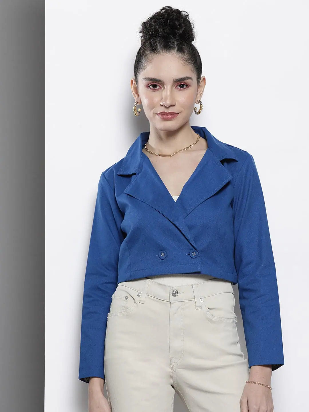 Women Solid Blue Full Sleeve Jacket Zippered Front Buttoned Front Snap Front