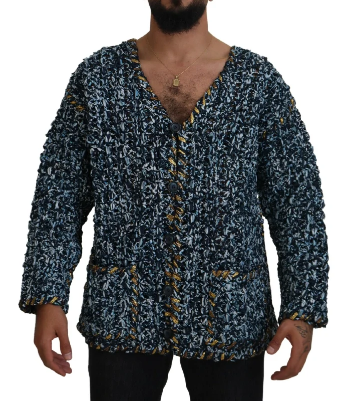 Elegant Blue V-neck Cardigan Sweater Stretchy Elastic Breathable