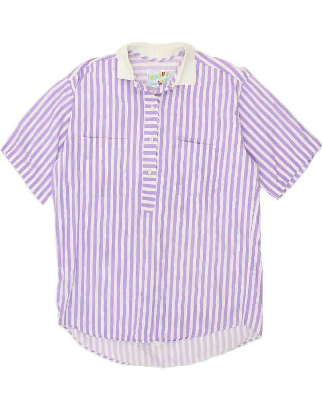 HAPPY LIFE Womens Short Sleeve Pullover Shirt UK 16 Large Purple Striped Ruffle Sleeve Feminine