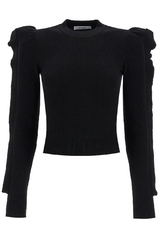 Stretch Pullover With Ruffle  - Black Fitted Ribbed Sweater