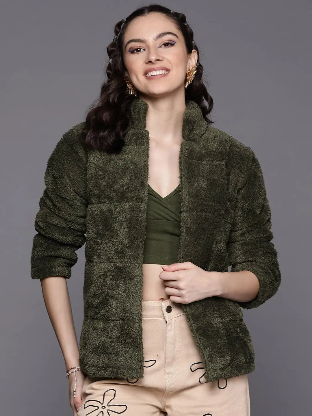 Women Solid Olive Full Sleeve Jacket Knit Fabric Woven Fabric Fleece Fabric