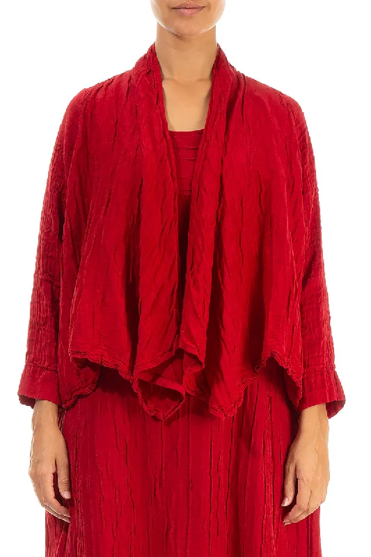 Short Crinkled Red Silk Jacket One-Shoulder Jacket Off-the-Shoulder Jacket Asymmetrical Jacket