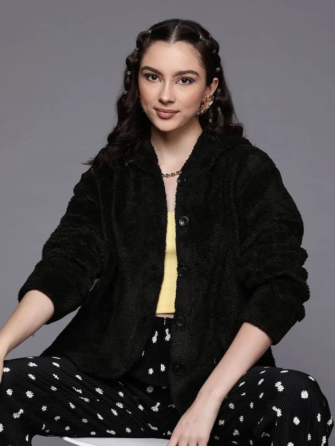 Women Solid Black Full Sleeve Jacket Cotton Fabric Linen Fabric Terry Fabric