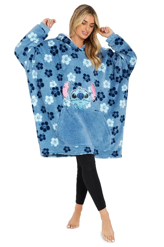 Disney Hoodie Blanket, Stitch Sherpa Fleece Oversized Hoodie - Stitch Tropical Flowers Hoodie with Print Artistic Unique