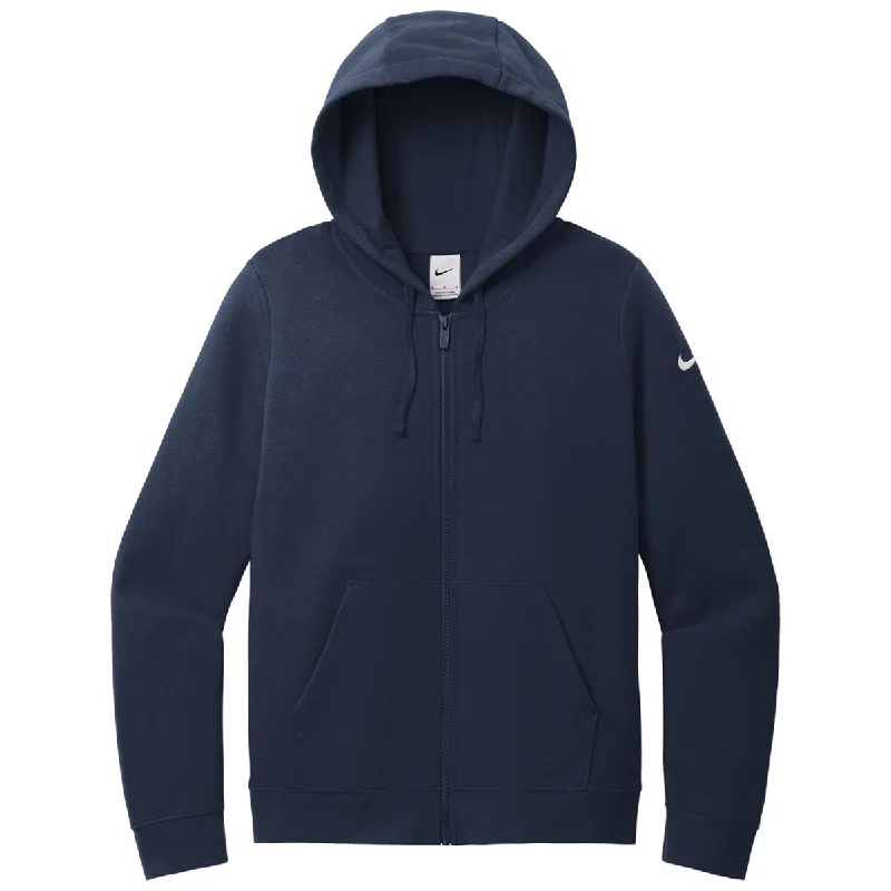 Nike Women's Midnight Navy Club Fleece Sleeve Swoosh Full-Zip Hoodie Hoodie with Oversized Fit Loose Comfortable