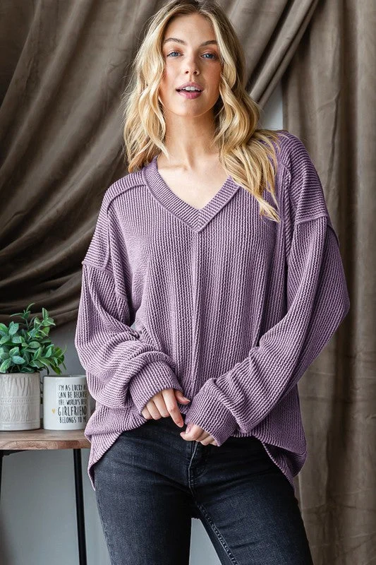 What a Girl Wants Ribbed Pullover Top in Dusty Lavender Long Sleeve Pullover