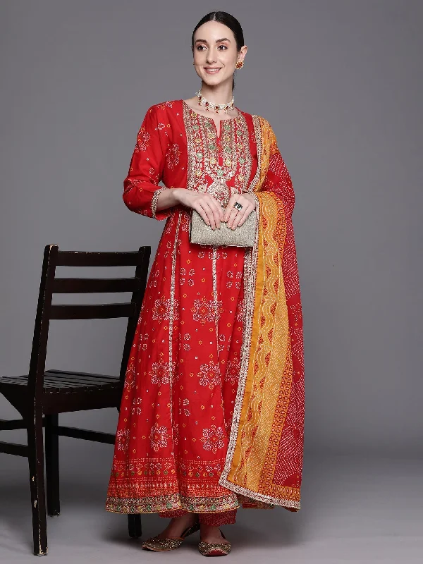 Women's Red Printed Anarkali Kurta Trousers With Dupatta Set - Indo Era Trousers Low Rise Relaxed