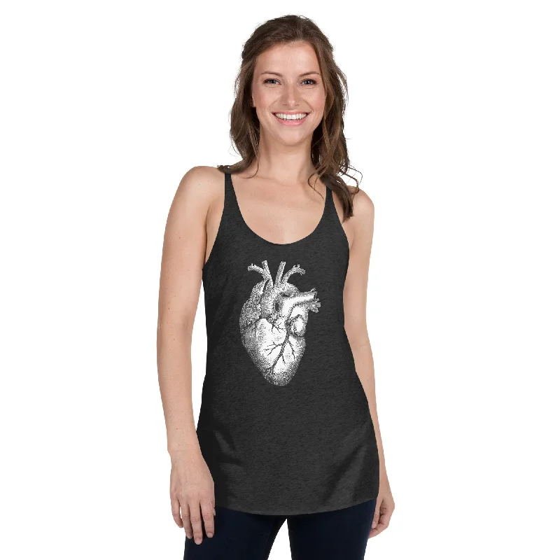 Anatomical Human Heart Medical Art Women's Racerback Tank Top Shirt Black and White high neck tank