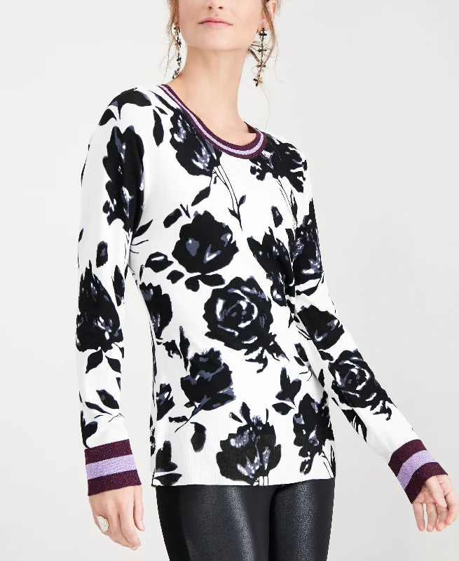 Floral Varsity Stripe Pullover Sweater Mock Neck Pullover