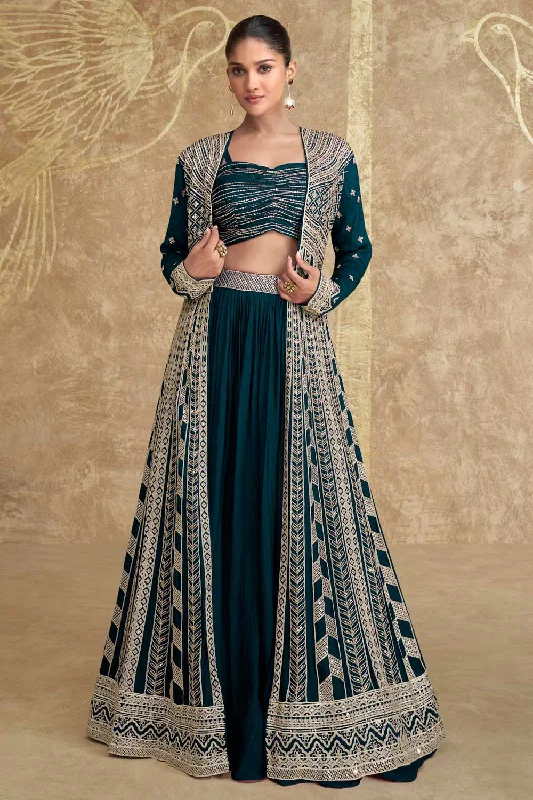 Chinon Silk Fabric Teal Color Stylish Readymade Lehenga With Jacket Satin Fabric Silk Fabric Chiffon Fabric