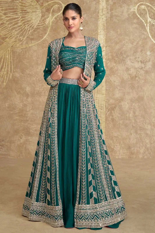 Chinon Silk Fabric Captivating Dark Cyan Color Readymade Lehenga With Jacket Front Pockets Side Pockets Patch Pockets