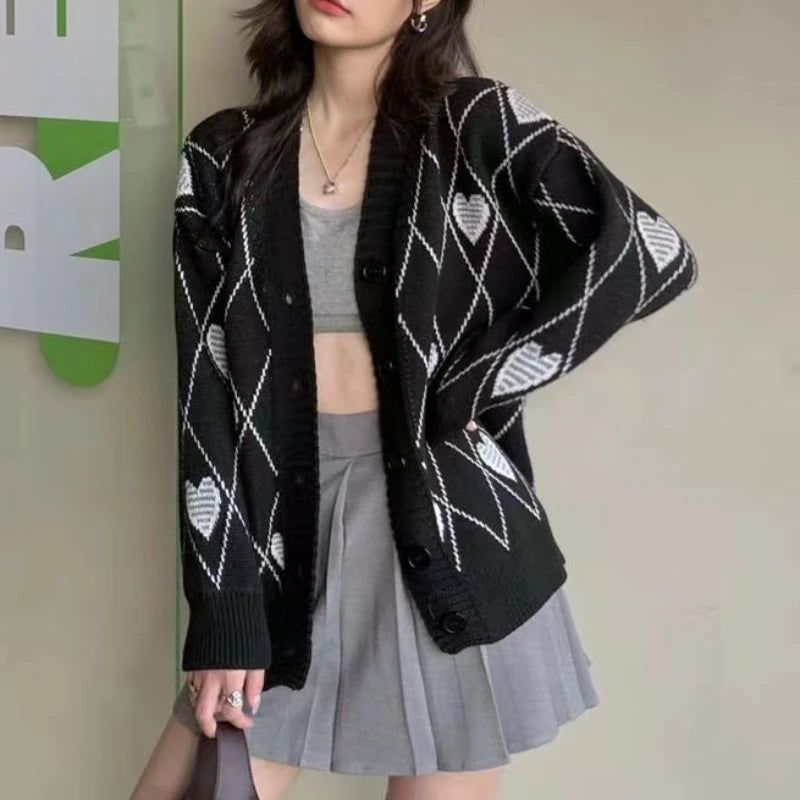 Heart Argyle Knit Sweater - Chic Long Sleeve Cardigan Cashmere Blend Cotton Blend Poly Blend Heart Argyle Knit Sweater - Chic Long Sleeve Cardigan Cashmere Blend Cotton Blend Poly Blend