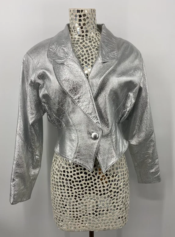 Lillie Rubin Leather Metallic Silver Jacket Front Pockets Side Pockets Patch Pockets Lillie Rubin Leather Metallic Silver Jacket Front Pockets Side Pockets Patch Pockets