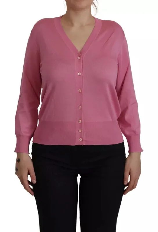 Pink 100% Silk Button Down Cardigan Sweater Toggled Drawstring Belted