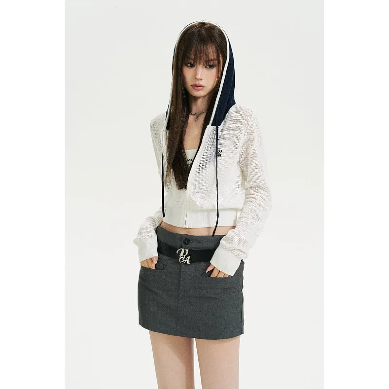 White Color Blocked Knit Short Zip Hoodie Hoodie with Drawstring Waist Adjustable Fitted