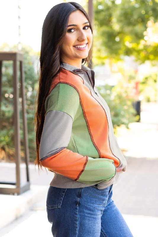 Color Block Pullover - Tangerine and Sage Thin Wool Pullover