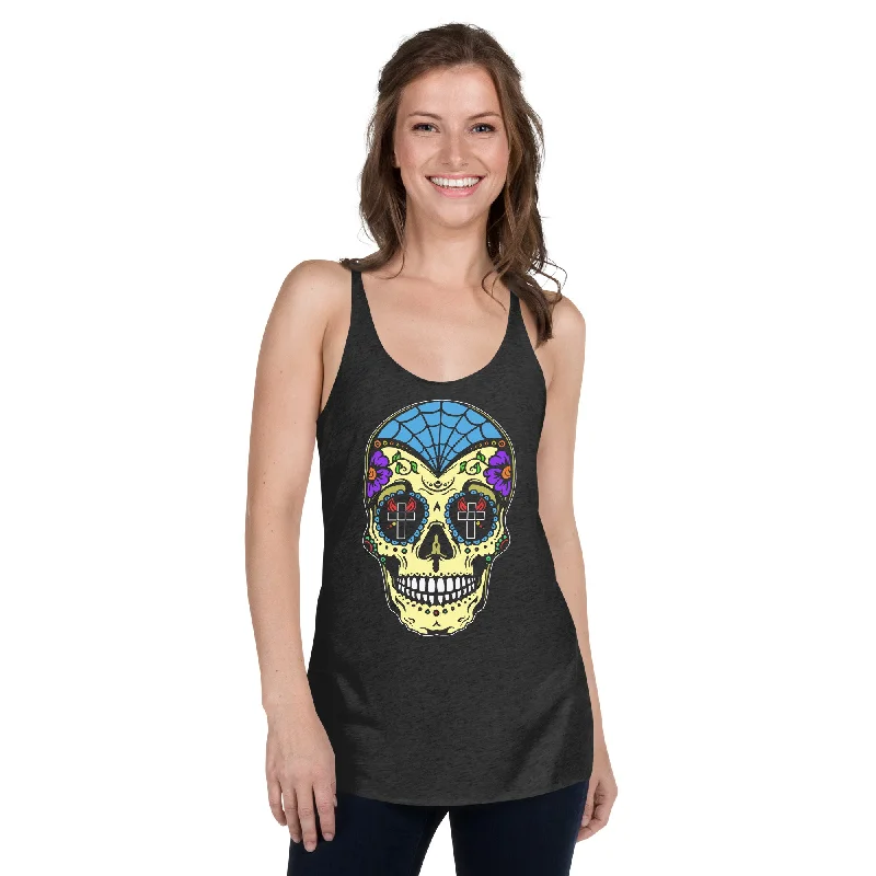 Colorful Sugar Skull Day of the Dead Halloween Women's Racerback Tank Top Shirt off shoulder tank