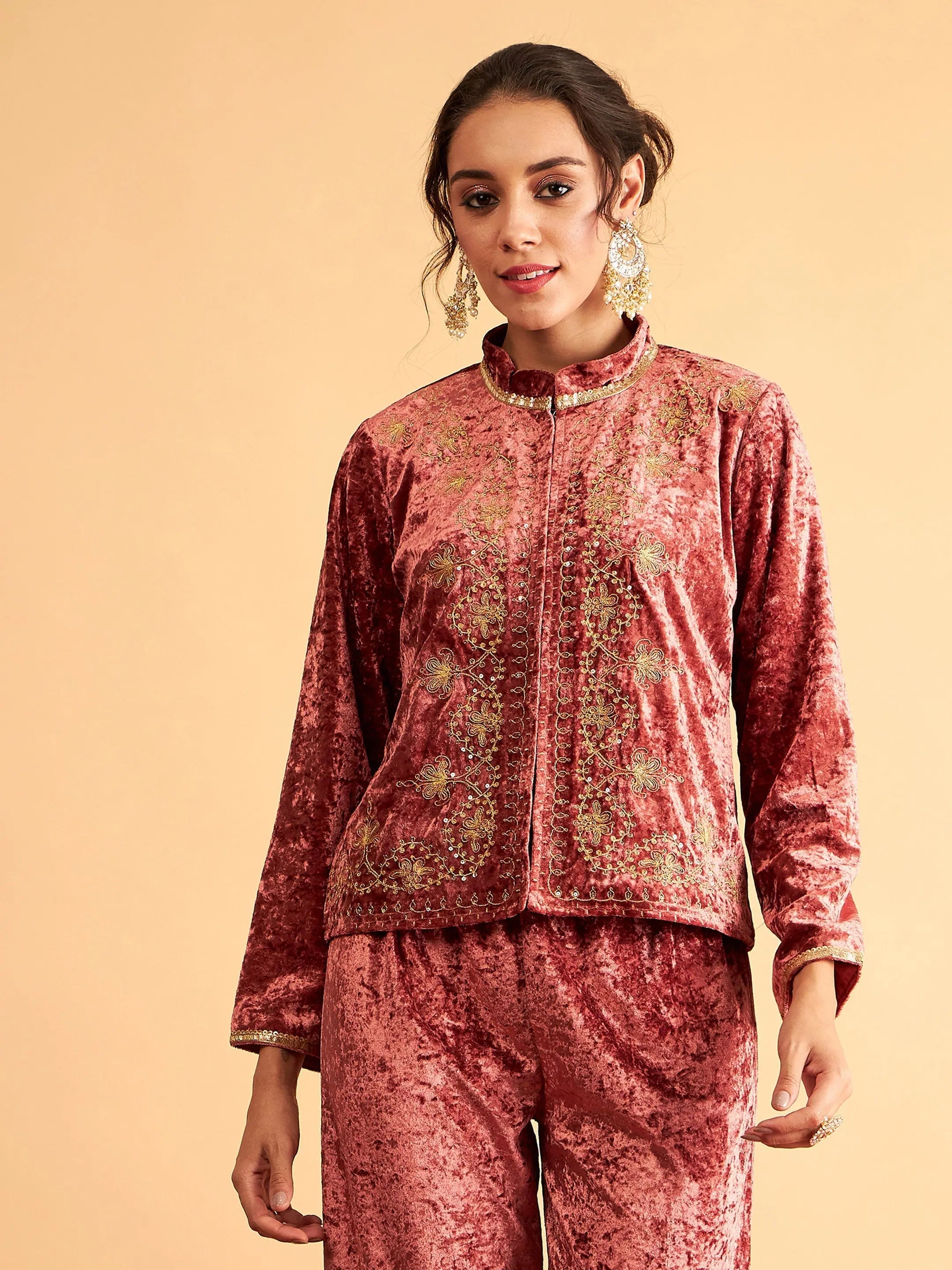 Women Embroidered Standard Pink Collared Neck Full Sleeve Jacket Rayon Jacket Velvet Jacket Corduroy Jacket