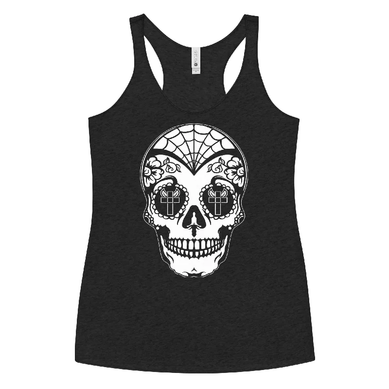 White Sugar Skull Day of the Dead Halloween Women's Racerback Tank Top Shirt one shoulder tank