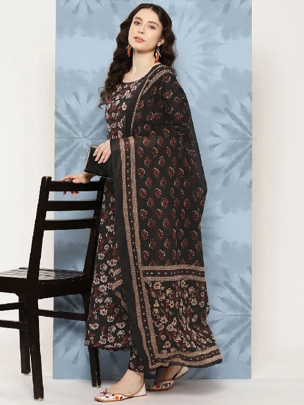 Women Black Floral Printed Flared Kurta With Trouser And Dupatta Trousers Brand Named